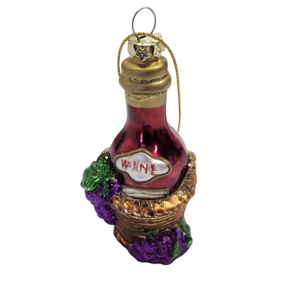 Red Blown Glass Wine Bottle in Grape Basket Winery Hanging Christmas Ornament